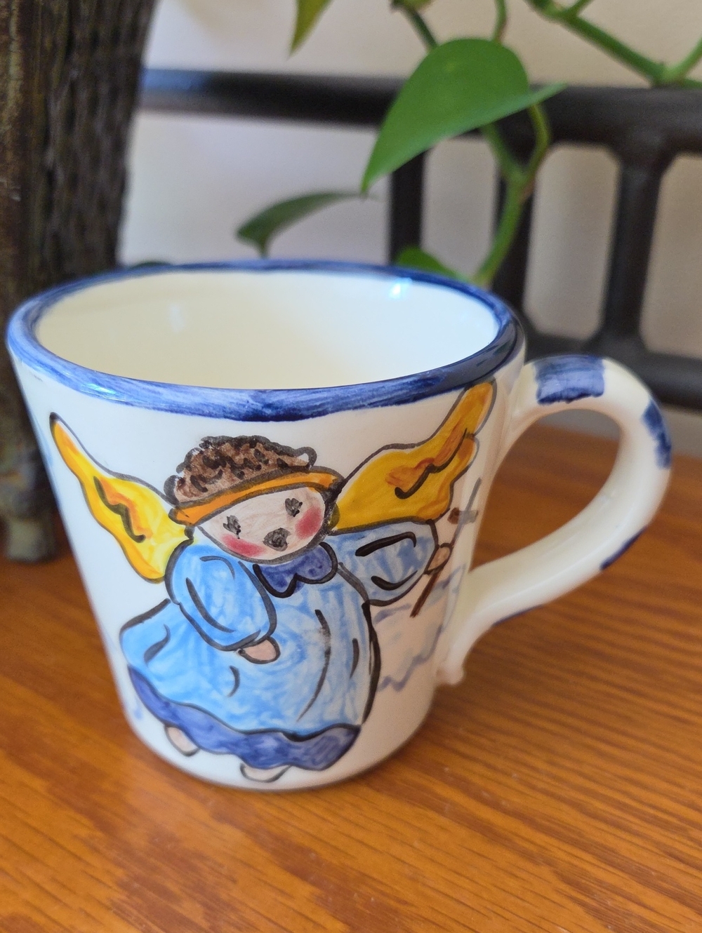 Vtg 90s Mustard Seed Hand-Painted Angel Mug in Blue and Yellow - Psalm 91:11
